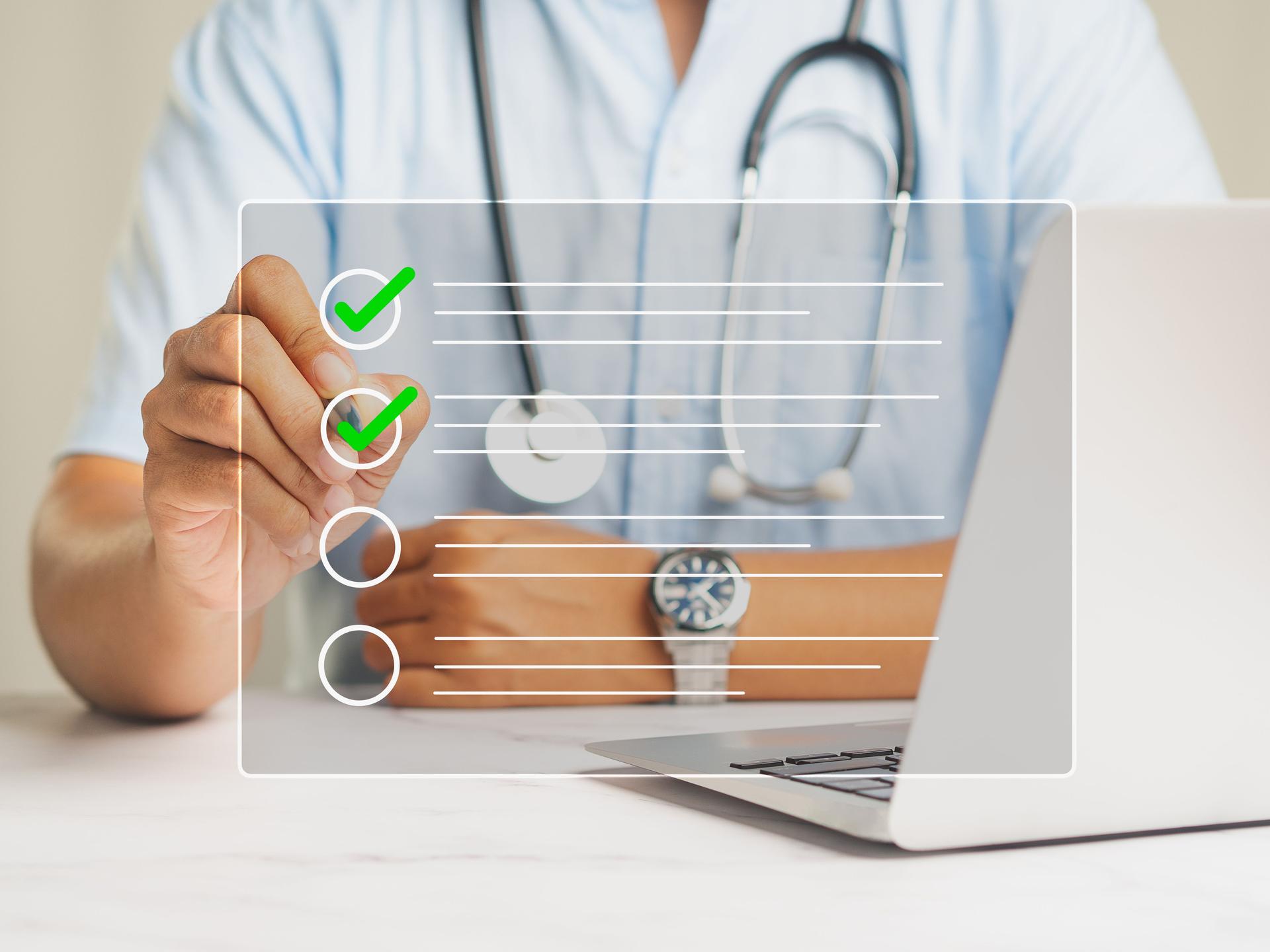 Doctor uses a pen to tick the correct sign mark for a checklist medical report on a virtual screen.